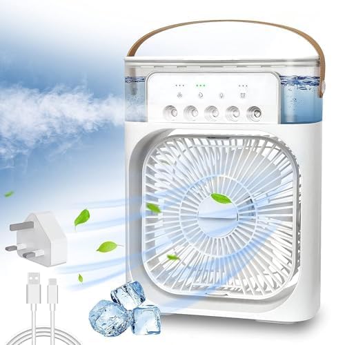 Ahuja International Mini Air Cooler, USB Desk Fan, Personal Evaporative Cooler with 7 Colors Light, 1/2/3 H Timer, 3 Wind Speeds and 3 Spray Modes for Office, Home, Travel Mini Fan