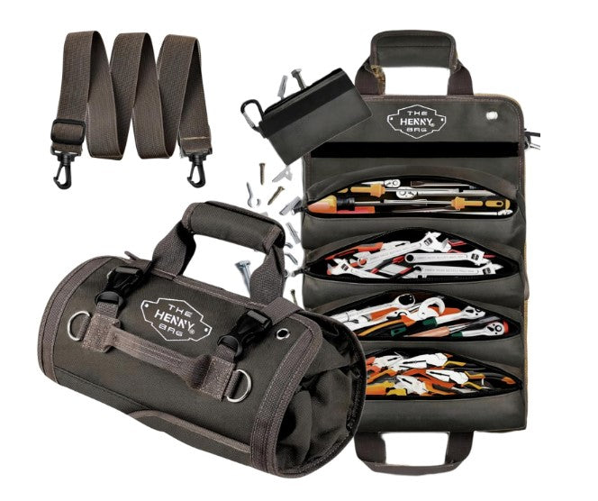 HennyBags Tool Organizer Bag, Heavy-Duty Waxed Oxford Tool roll up bag, organizer, Rust-Proof YKK Zippers & Secure Buckle. For Mechanic & Electricians. (Gray)