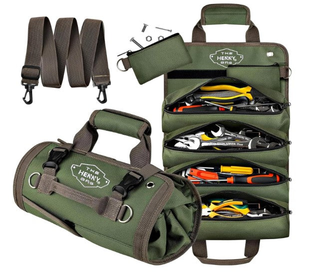HennyBags® Tool Organizer Bag, Heavy-Duty Waxed Oxford Tool roll up bag, organizer, Rust-Proof YKK Zippers & Secure Buckle. For Mechanic & Electricians. (Green)